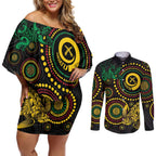 Vanuatu Personalized Aboriginal Arts Couples Matching Off Shoulder Short Dress and Long Sleeve Button Shirt Turtle and Iguana Special - Aussie Hoodie