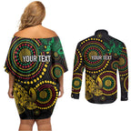 Vanuatu Personalized Aboriginal Arts Couples Matching Off Shoulder Short Dress and Long Sleeve Button Shirt Turtle and Iguana Special - Aussie Hoodie