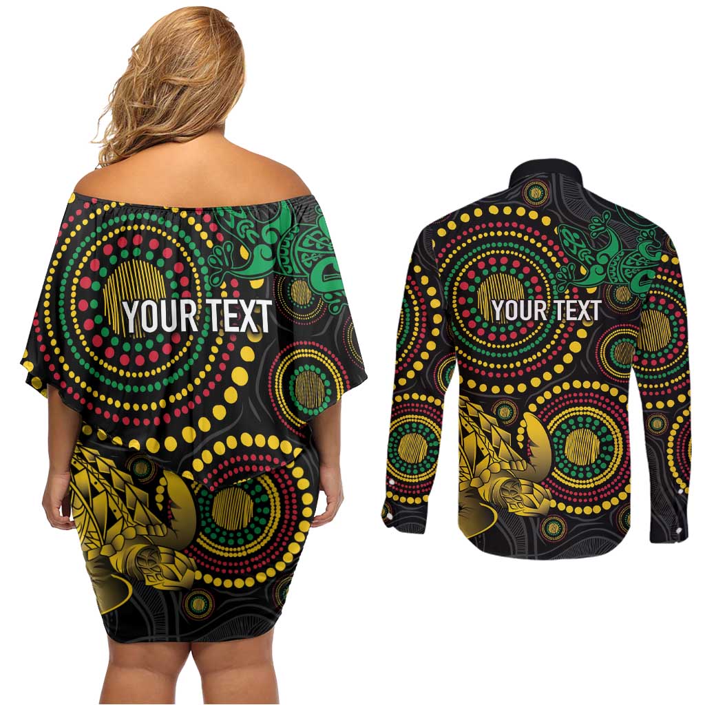 Vanuatu Personalized Aboriginal Arts Couples Matching Off Shoulder Short Dress and Long Sleeve Button Shirt Turtle and Iguana Special - Aussie Hoodie