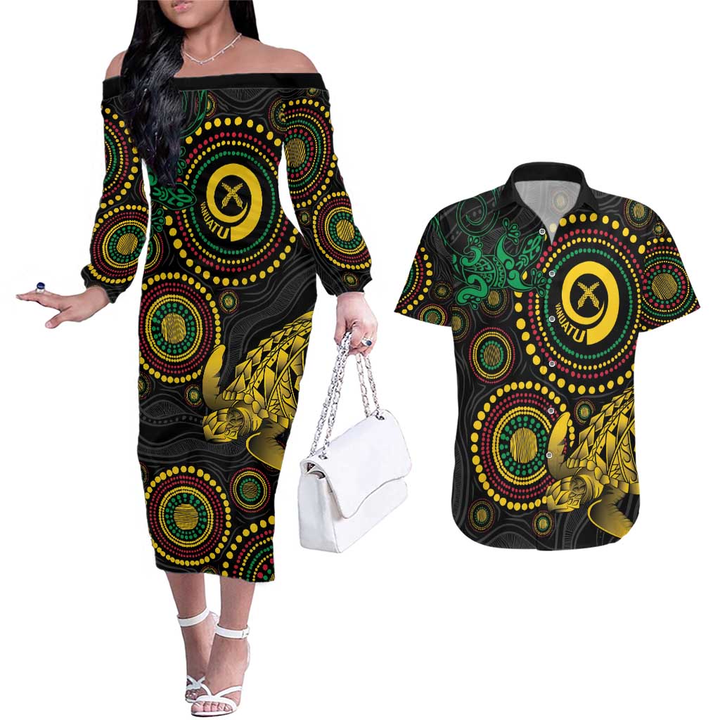 Vanuatu Personalized Aboriginal Arts Couples Matching Off The Shoulder Long Sleeve Dress and Hawaiian Shirt Turtle and Iguana Special - Aussie Hoodie