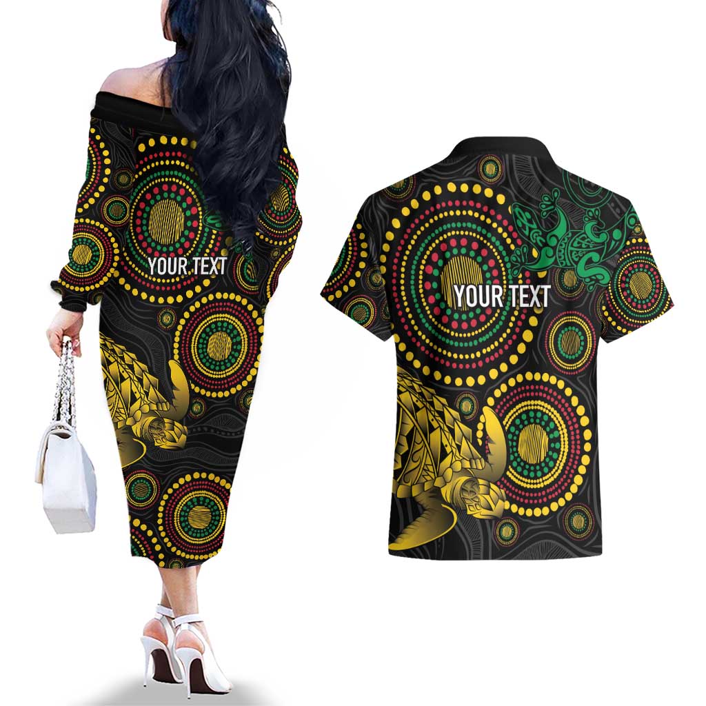 Vanuatu Personalized Aboriginal Arts Couples Matching Off The Shoulder Long Sleeve Dress and Hawaiian Shirt Turtle and Iguana Special - Aussie Hoodie