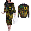 Vanuatu Personalized Aboriginal Arts Couples Matching Off The Shoulder Long Sleeve Dress and Long Sleeve Button Shirt Turtle and Iguana Special - Aussie Hoodie