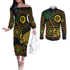 Vanuatu Personalized Aboriginal Arts Couples Matching Off The Shoulder Long Sleeve Dress and Long Sleeve Button Shirt Turtle and Iguana Special - Aussie Hoodie