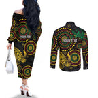 Vanuatu Personalized Aboriginal Arts Couples Matching Off The Shoulder Long Sleeve Dress and Long Sleeve Button Shirt Turtle and Iguana Special - Aussie Hoodie