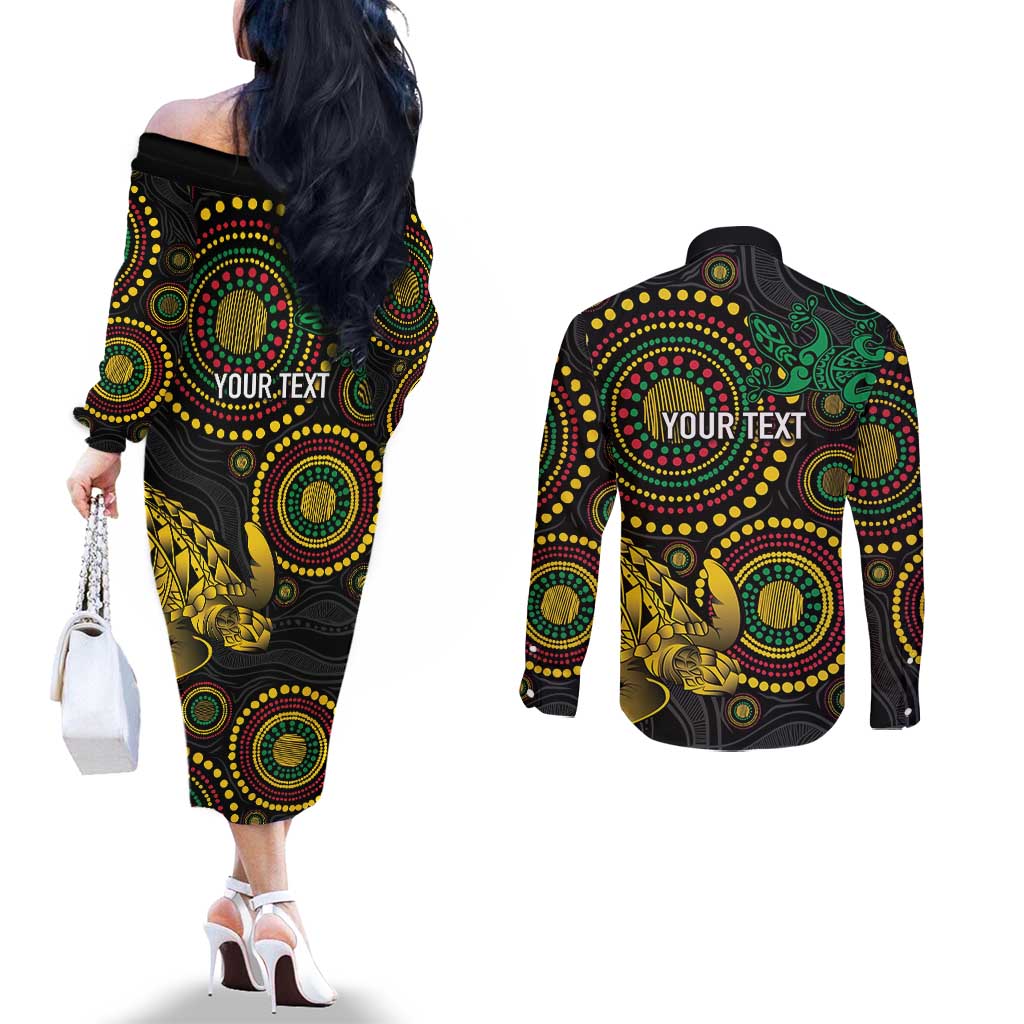 Vanuatu Personalized Aboriginal Arts Couples Matching Off The Shoulder Long Sleeve Dress and Long Sleeve Button Shirt Turtle and Iguana Special - Aussie Hoodie