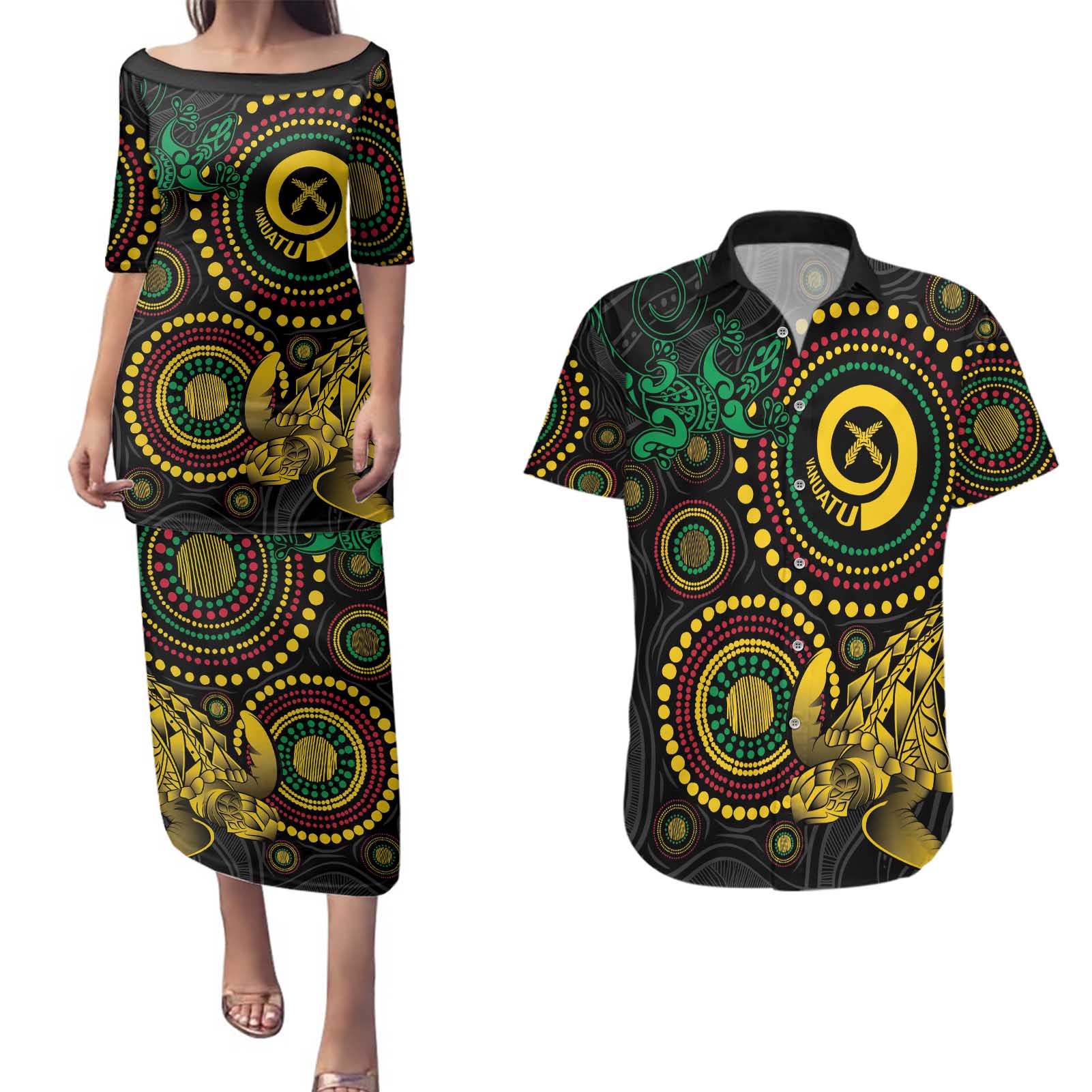 Vanuatu Personalized Aboriginal Arts Couples Matching Puletasi and Hawaiian Shirt Turtle and Iguana Special - Aussie Hoodie