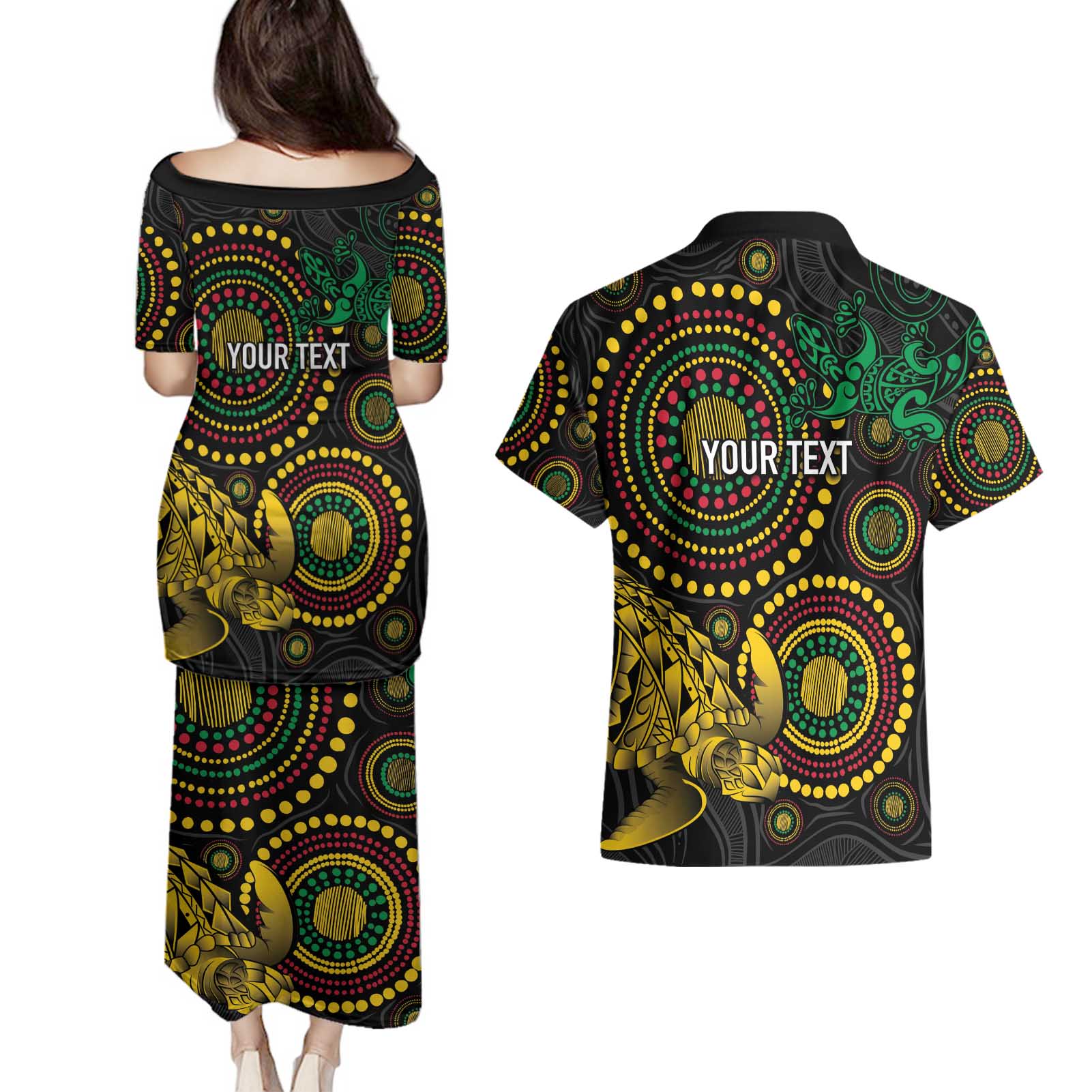 Vanuatu Personalized Aboriginal Arts Couples Matching Puletasi and Hawaiian Shirt Turtle and Iguana Special - Aussie Hoodie