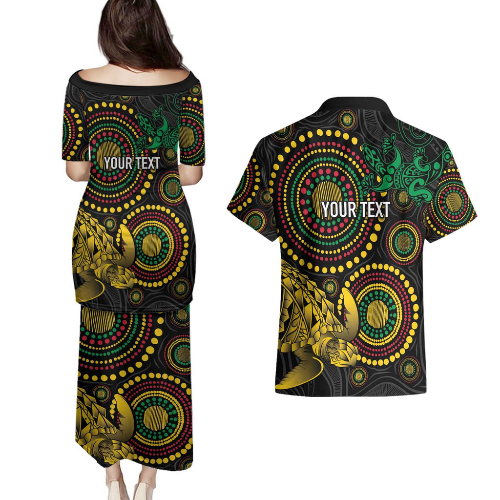 Vanuatu Personalized Aboriginal Arts Couples Matching Puletasi and Hawaiian Shirt Turtle and Iguana Special - Aussie Hoodie