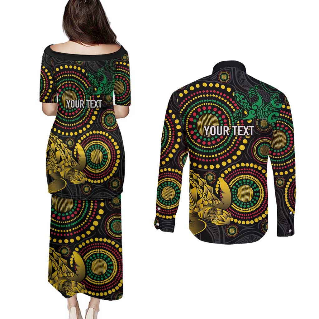Vanuatu Personalized Aboriginal Arts Couples Matching Puletasi and Long Sleeve Button Shirt Turtle and Iguana Special - Aussie Hoodie