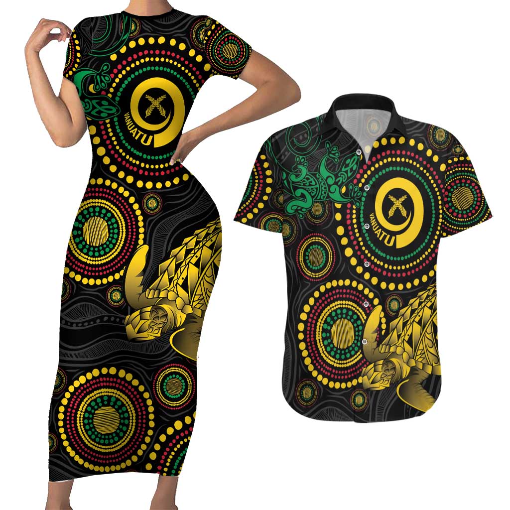 Vanuatu Personalized Aboriginal Arts Couples Matching Short Sleeve Bodycon Dress and Hawaiian Shirt Turtle and Iguana Special - Aussie Hoodie