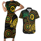 Vanuatu Personalized Aboriginal Arts Couples Matching Short Sleeve Bodycon Dress and Hawaiian Shirt Turtle and Iguana Special - Aussie Hoodie