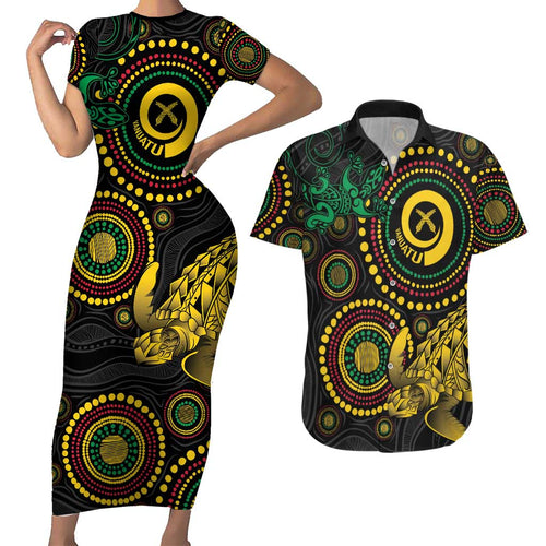 Vanuatu Personalized Aboriginal Arts Couples Matching Short Sleeve Bodycon Dress and Hawaiian Shirt Turtle and Iguana Special - Aussie Hoodie