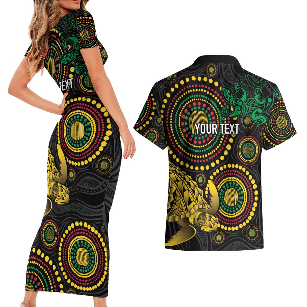 Vanuatu Personalized Aboriginal Arts Couples Matching Short Sleeve Bodycon Dress and Hawaiian Shirt Turtle and Iguana Special - Aussie Hoodie