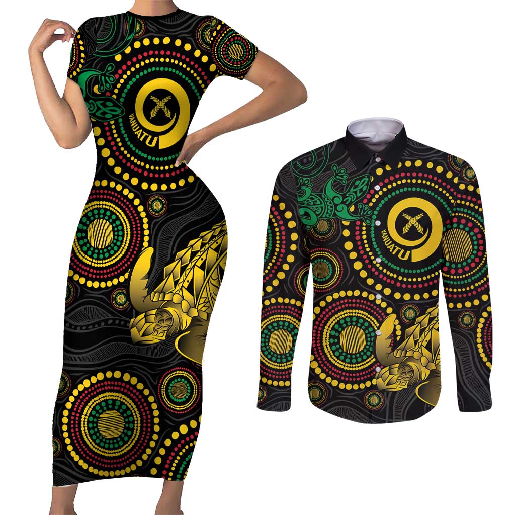 Vanuatu Personalized Aboriginal Arts Couples Matching Short Sleeve Bodycon Dress and Long Sleeve Button Shirt Turtle and Iguana Special - Aussie Hoodie