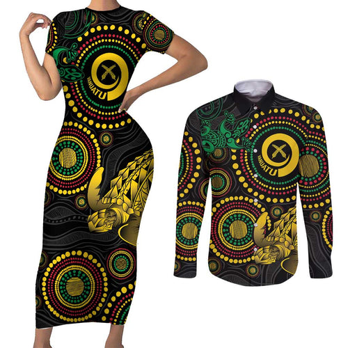 Vanuatu Personalized Aboriginal Arts Couples Matching Short Sleeve Bodycon Dress and Long Sleeve Button Shirt Turtle and Iguana Special - Aussie Hoodie