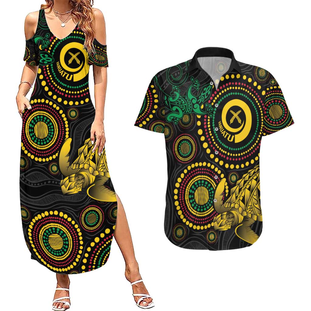 Vanuatu Personalized Aboriginal Arts Couples Matching Summer Maxi Dress and Hawaiian Shirt Turtle and Iguana Special - Aussie Hoodie