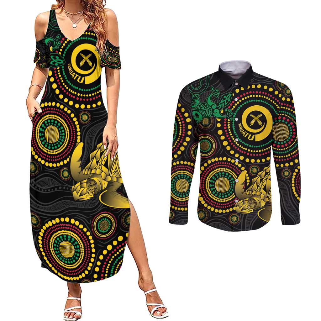 Vanuatu Personalized Aboriginal Arts Couples Matching Summer Maxi Dress and Long Sleeve Button Shirt Turtle and Iguana Special - Aussie Hoodie