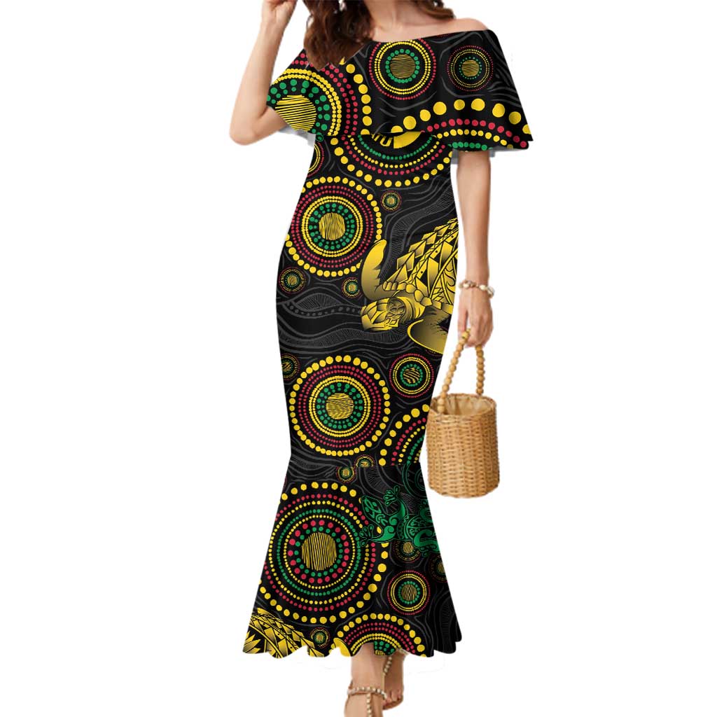 Vanuatu Personalized Aboriginal Arts Family Matching Mermaid Dress and Hawaiian Shirt Turtle and Iguana Special - Aussie Hoodie