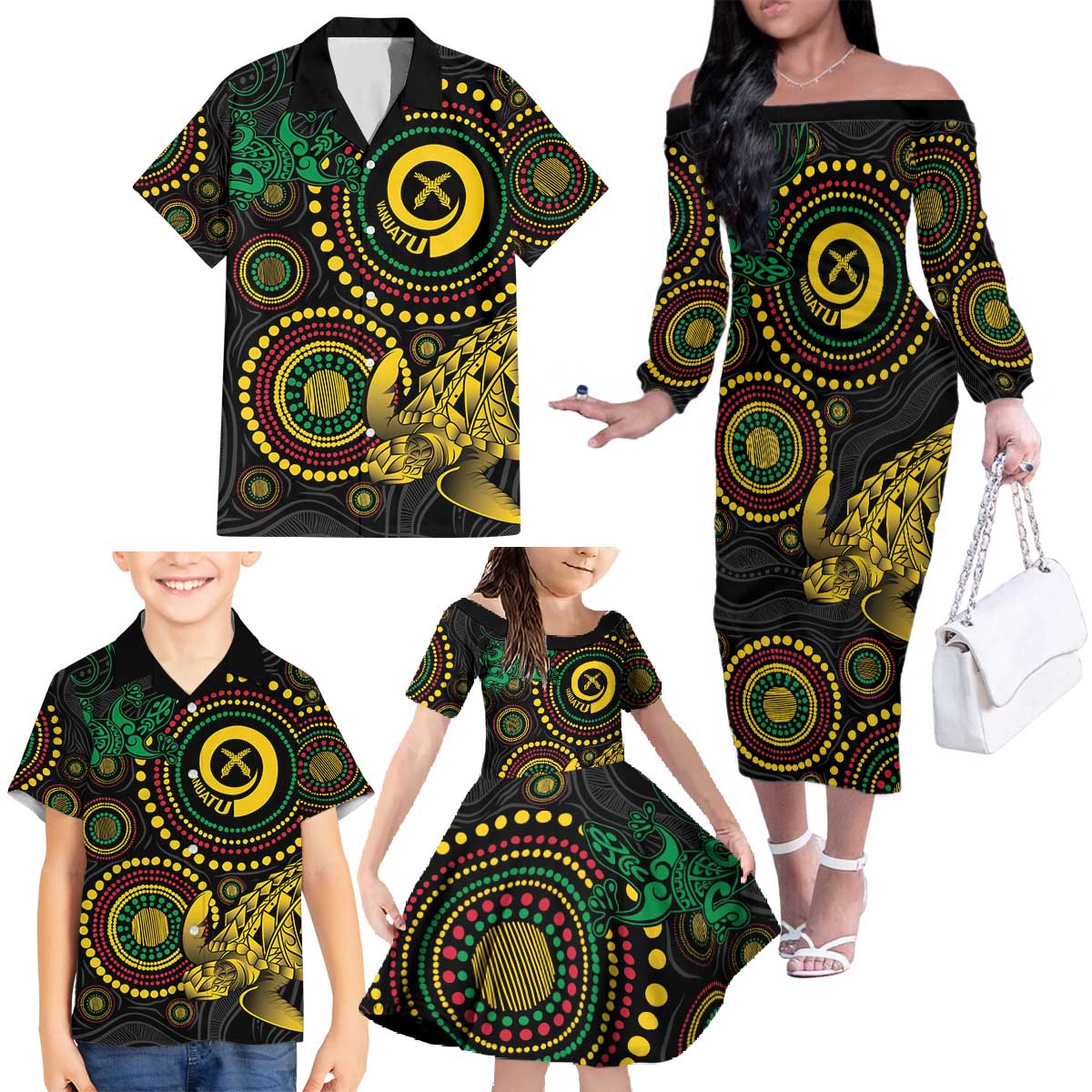 Vanuatu Personalized Aboriginal Arts Family Matching Off The Shoulder Long Sleeve Dress and Hawaiian Shirt Turtle and Iguana Special - Aussie Hoodie