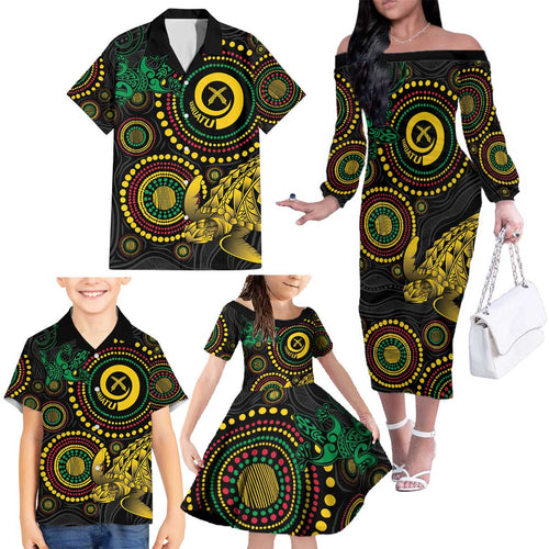 Vanuatu Personalized Aboriginal Arts Family Matching Off The Shoulder Long Sleeve Dress and Hawaiian Shirt Turtle and Iguana Special - Aussie Hoodie