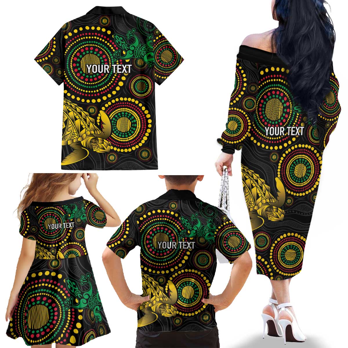 Vanuatu Personalized Aboriginal Arts Family Matching Off The Shoulder Long Sleeve Dress and Hawaiian Shirt Turtle and Iguana Special - Aussie Hoodie
