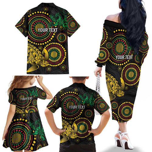 Vanuatu Personalized Aboriginal Arts Family Matching Off The Shoulder Long Sleeve Dress and Hawaiian Shirt Turtle and Iguana Special - Aussie Hoodie