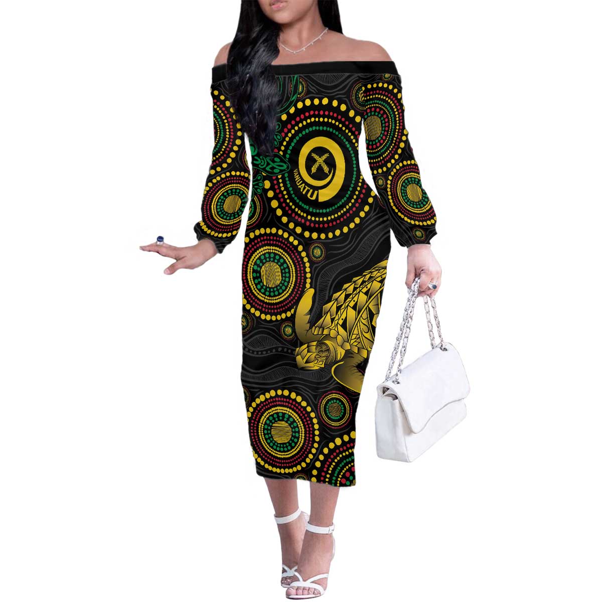 Vanuatu Personalized Aboriginal Arts Family Matching Off The Shoulder Long Sleeve Dress and Hawaiian Shirt Turtle and Iguana Special - Aussie Hoodie