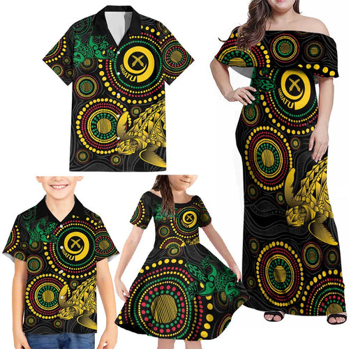 Vanuatu Personalized Aboriginal Arts Family Matching Off Shoulder Maxi Dress and Hawaiian Shirt Turtle and Iguana Special - Aussie Hoodie