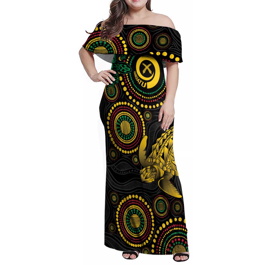 Vanuatu Personalized Aboriginal Arts Family Matching Off Shoulder Maxi Dress and Hawaiian Shirt Turtle and Iguana Special - Aussie Hoodie