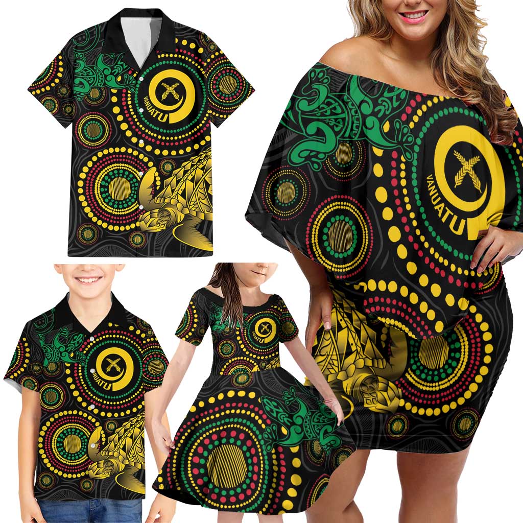Vanuatu Personalized Aboriginal Arts Family Matching Off Shoulder Short Dress and Hawaiian Shirt Turtle and Iguana Special - Aussie Hoodie