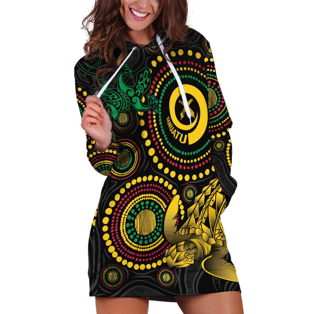 Vanuatu Personalized Aboriginal Arts Hoodie Dress Turtle and Iguana Special - Aussie Hoodie