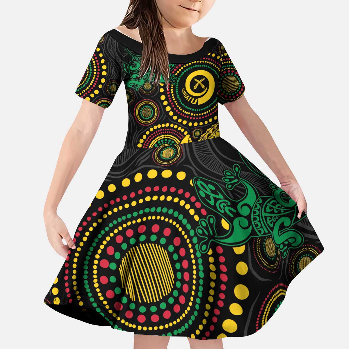 Vanuatu Personalized Aboriginal Arts Kid Short Sleeve Dress Turtle and Iguana Special - Aussie Hoodie