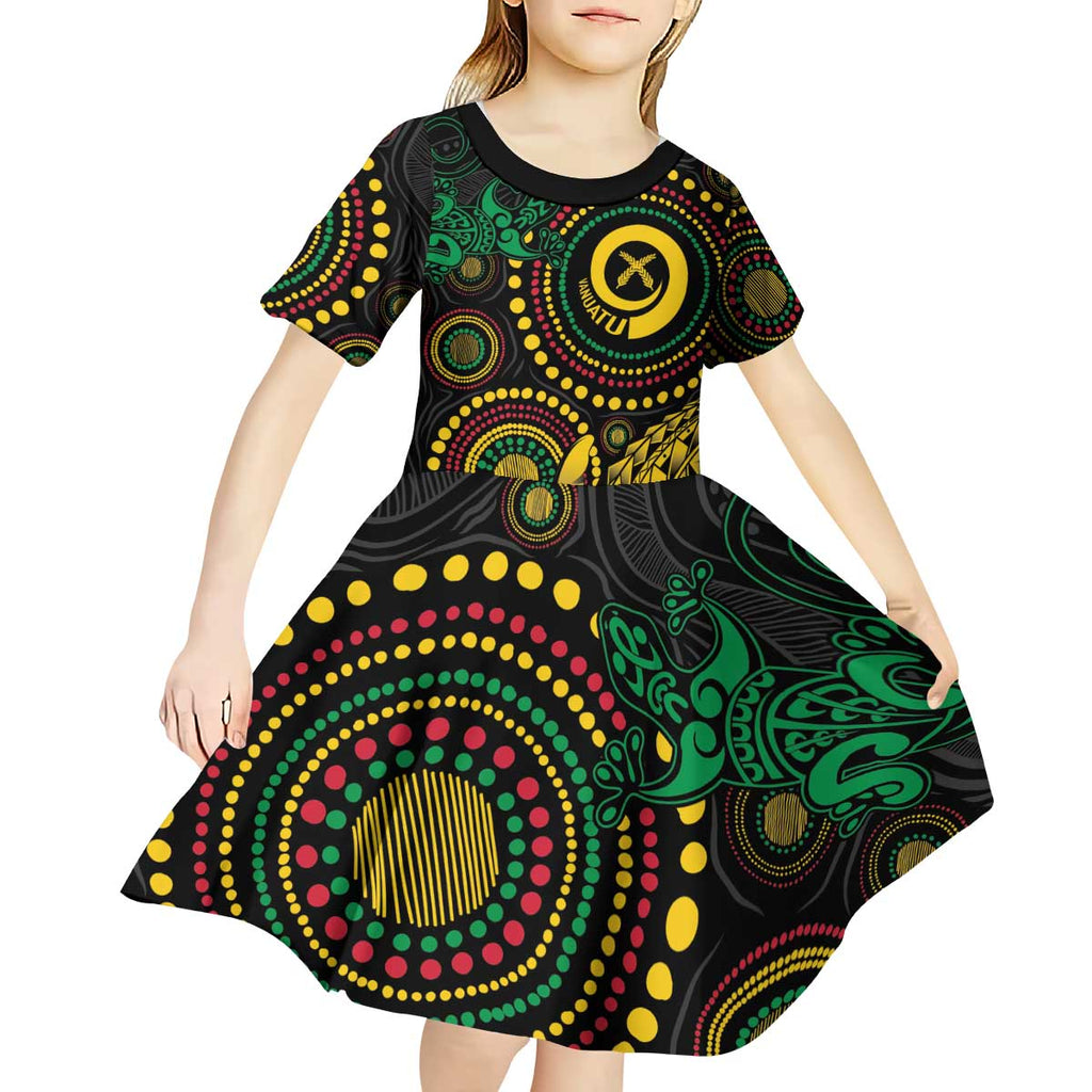 Vanuatu Personalized Aboriginal Arts Kid Short Sleeve Dress Turtle and Iguana Special - Aussie Hoodie