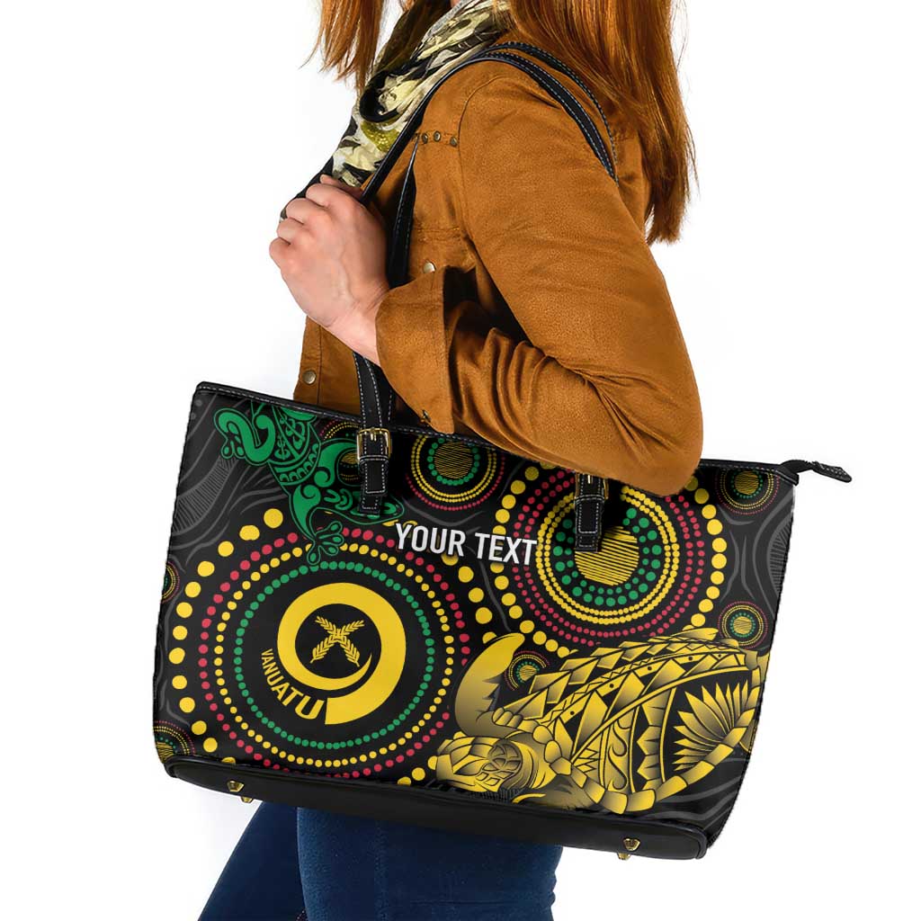 Vanuatu Personalized Aboriginal Arts Leather Tote Bag Turtle and Iguana Special - Aussie Hoodie
