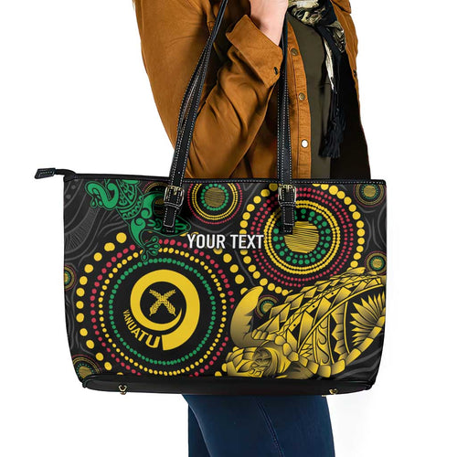 Vanuatu Personalized Aboriginal Arts Leather Tote Bag Turtle and Iguana Special - Aussie Hoodie