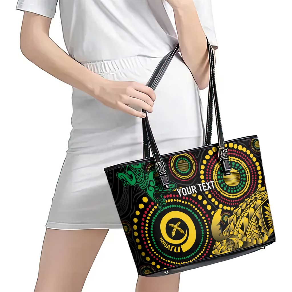 Vanuatu Personalized Aboriginal Arts Leather Tote Bag Turtle and Iguana Special - Aussie Hoodie