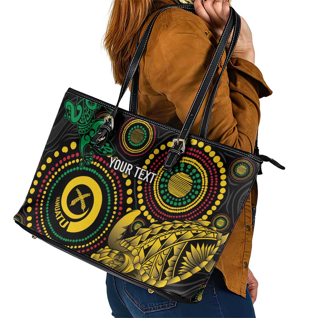Vanuatu Personalized Aboriginal Arts Leather Tote Bag Turtle and Iguana Special - Aussie Hoodie