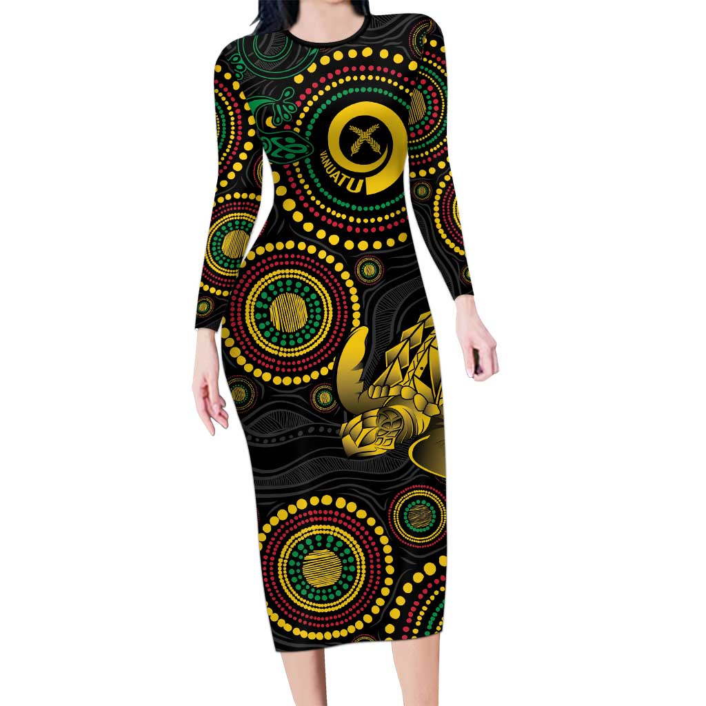 Vanuatu Personalized Aboriginal Arts Long Sleeve Bodycon Dress Turtle and Iguana Special - Aussie Hoodie