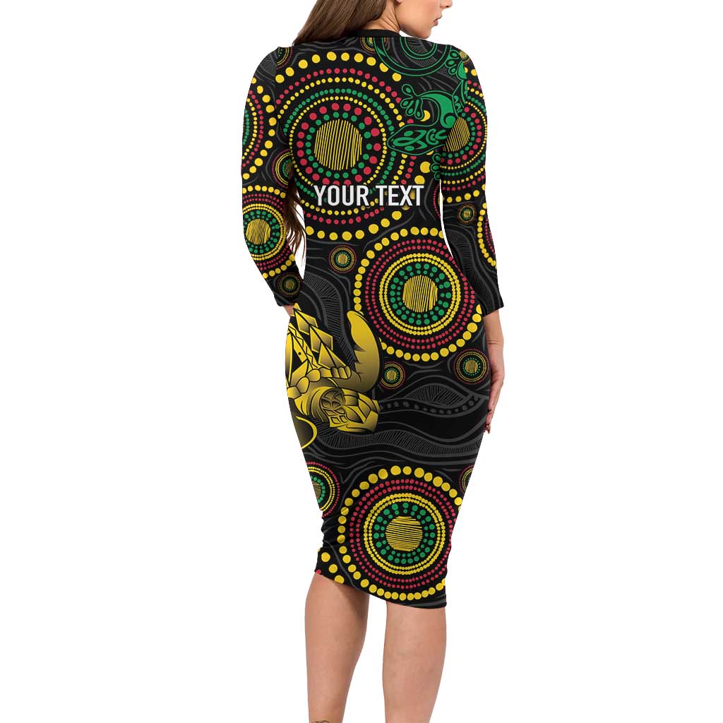 Vanuatu Personalized Aboriginal Arts Long Sleeve Bodycon Dress Turtle and Iguana Special - Aussie Hoodie
