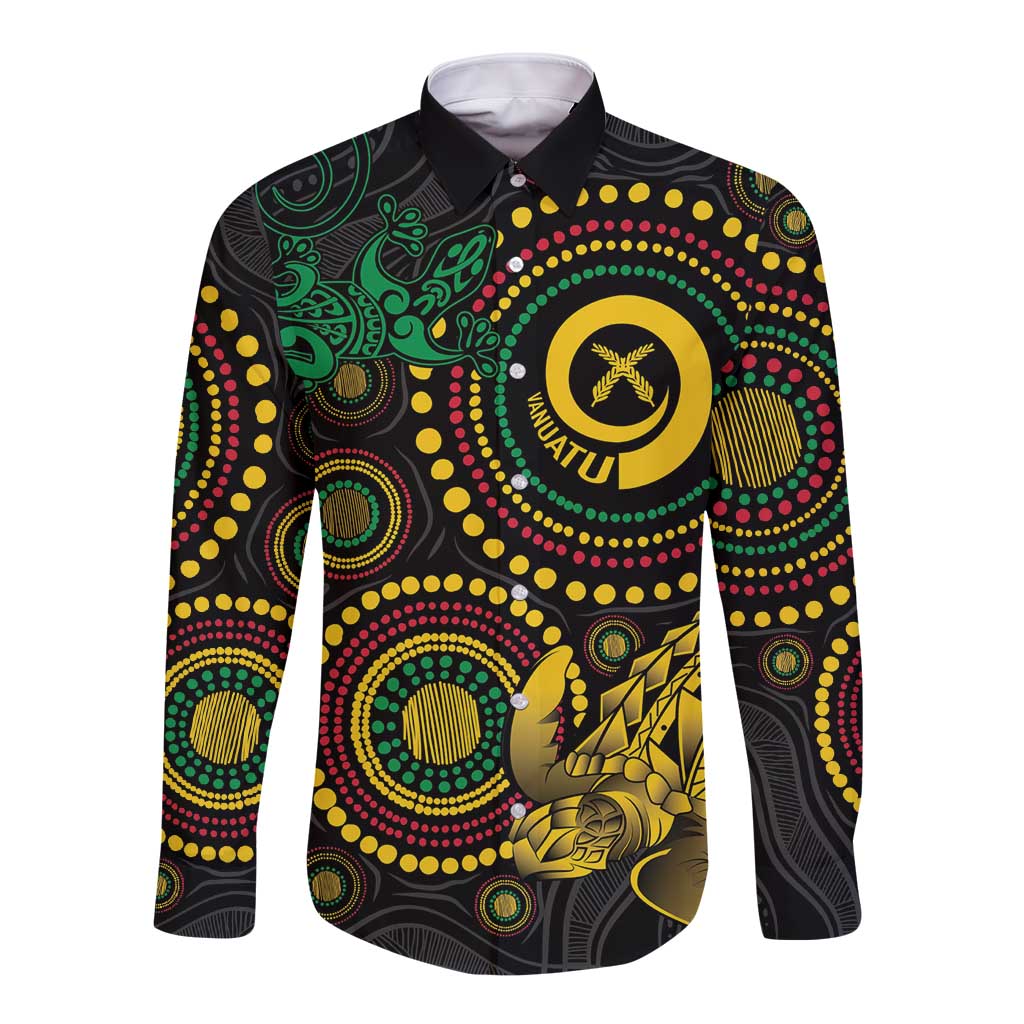 Vanuatu Personalized Aboriginal Arts Long Sleeve Button Shirt Turtle and Iguana Special - Aussie Hoodie