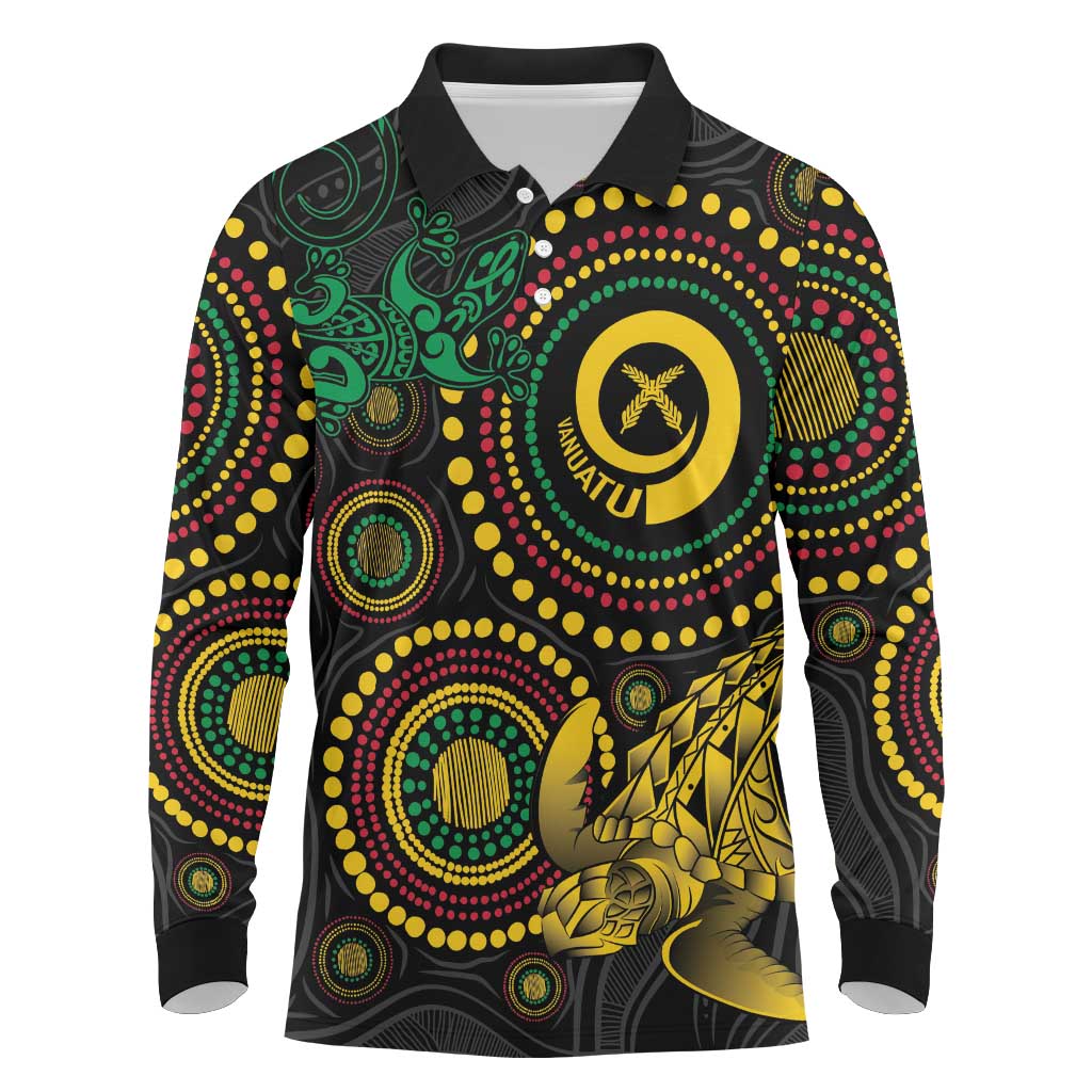Vanuatu Personalized Aboriginal Arts Long Sleeve Polo Shirt Turtle and Iguana Special - Aussie Hoodie