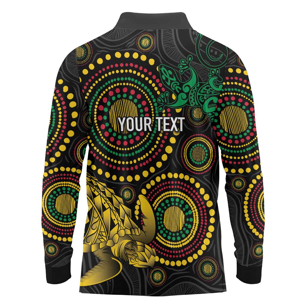 Vanuatu Personalized Aboriginal Arts Long Sleeve Polo Shirt Turtle and Iguana Special - Aussie Hoodie