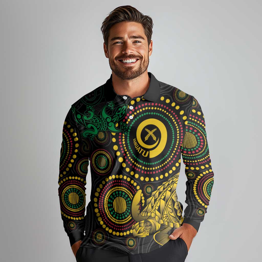 Vanuatu Personalized Aboriginal Arts Long Sleeve Polo Shirt Turtle and Iguana Special - Aussie Hoodie