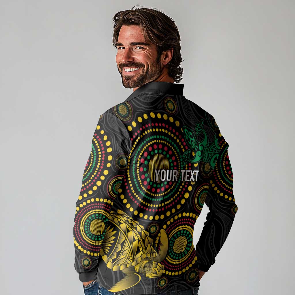 Vanuatu Personalized Aboriginal Arts Long Sleeve Polo Shirt Turtle and Iguana Special - Aussie Hoodie