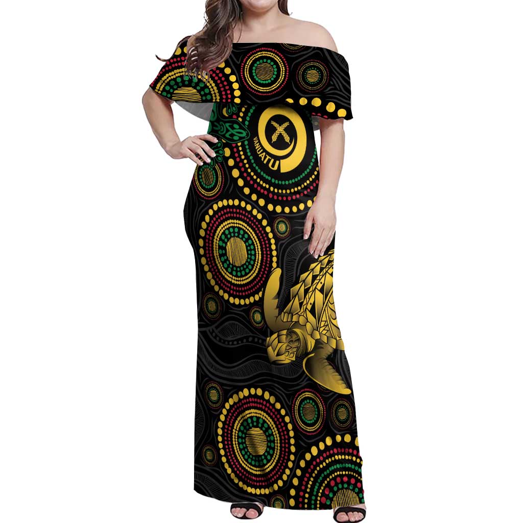 Vanuatu Personalized Aboriginal Arts Off Shoulder Maxi Dress Turtle and Iguana Special - Aussie Hoodie