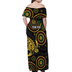 Vanuatu Personalized Aboriginal Arts Off Shoulder Maxi Dress Turtle and Iguana Special - Aussie Hoodie