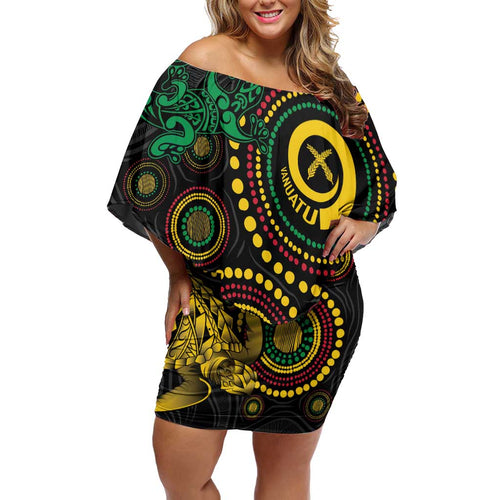 Vanuatu Personalized Aboriginal Arts Off Shoulder Short Dress Turtle and Iguana Special - Aussie Hoodie
