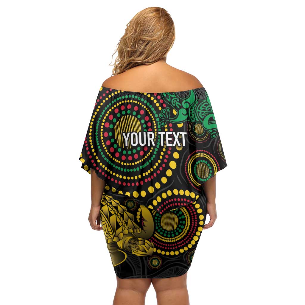 Vanuatu Personalized Aboriginal Arts Off Shoulder Short Dress Turtle and Iguana Special - Aussie Hoodie