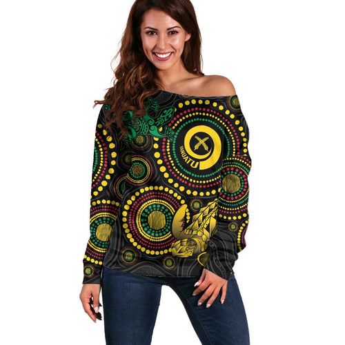 Vanuatu Personalized Aboriginal Arts Off Shoulder Sweater Turtle and Iguana Special - Aussie Hoodie