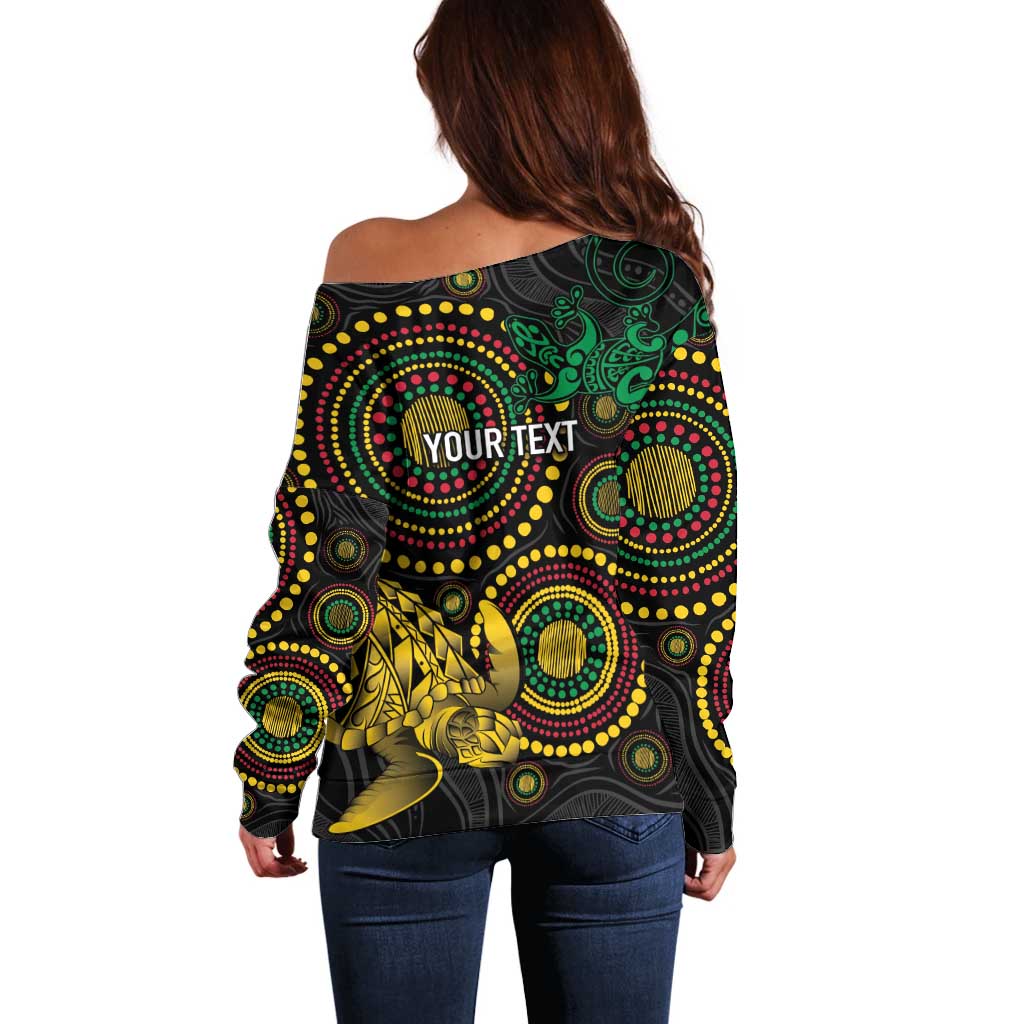 Vanuatu Personalized Aboriginal Arts Off Shoulder Sweater Turtle and Iguana Special - Aussie Hoodie